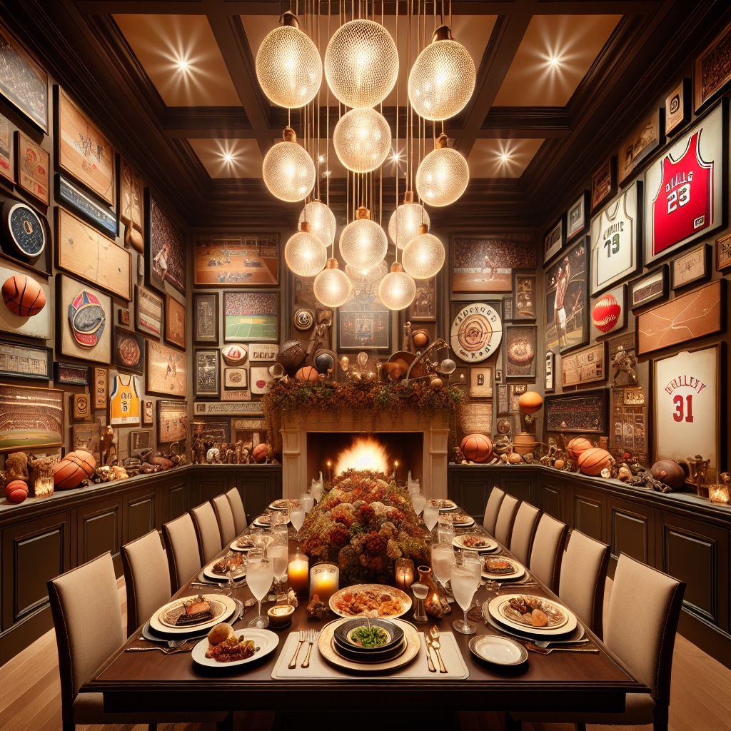 Create an image of a luxurious sports-themed dining room where the walls are adorned with vintage sports memorabilia, the table is shaped like a basketball court, and the chairs are designed like hockey sticks. The room is illuminated by elegant pendant lights resembling baseballs, and the centerpiece on the table is a gourmet meal inspired by stadium favorites.