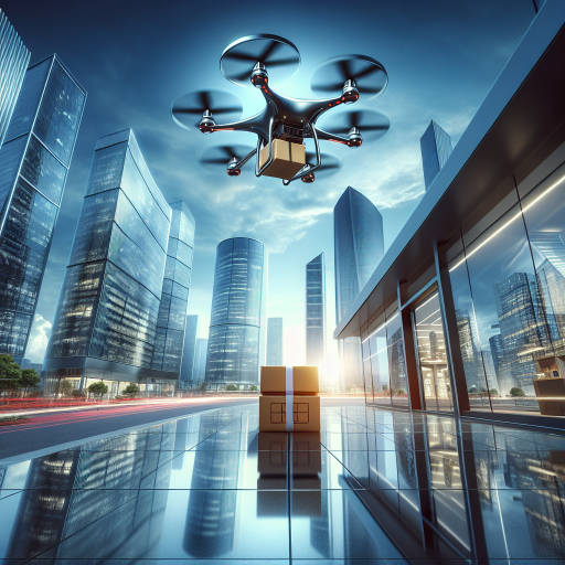 Create an image of a futuristic drone delivering packages to a bustling business district, with skyscrapers towering in the background and the drone casting a mesmerizing reflection in a glass building.