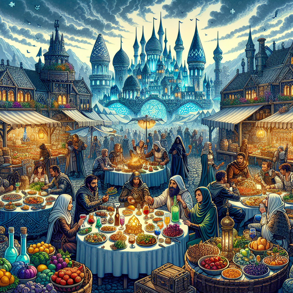 In a mythical city where food holds magical powers, imagine a bustling marketplace filled with vendors selling enchanted fruits and glowing potions. A towering castle looms in the background, its walls adorned with shimmering crystals and guarded by mythical creatures. A group of adventurers gather around a table in a tavern, swapping tales of their latest quests as they savour a feast of rainbow-coloured dishes that sparkle with mysterious energy.