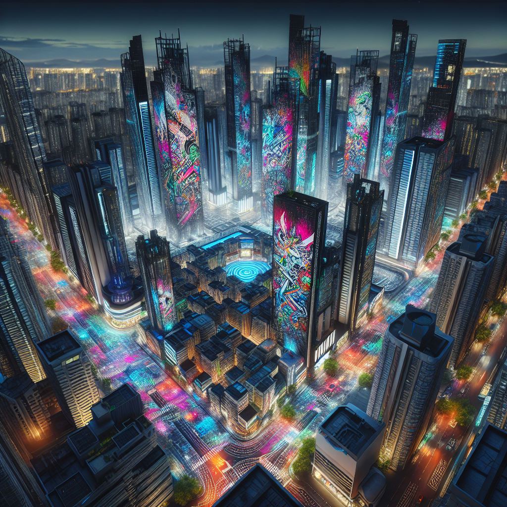 Imagine a futuristic cityscape where colorful graffiti murals cover the walls of skyscrapers, captured from above by a drone flying through the neon-lit streets. Inside one of these buildings, a sleek and modern interior design features innovative technology seamlessly integrated into every room, creating a harmonious blend of art and architecture. Capture this dynamic scene in a single image that showcases the intersection of street art, drone photography, and interior design in a visually stunning and thought-provoking way.