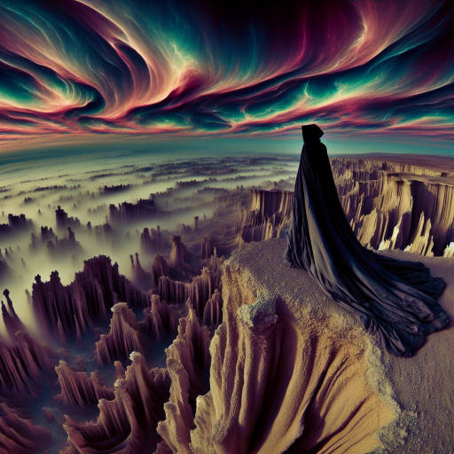 Create an epic drone photograph that captures a lone figure standing on the edge of a cliff overlooking a vast, otherworldly landscape filled with swirling colors and mysterious rock formations. The figure is cloaked in billowing fabric, with their silhouette outlined against the surreal sky as they survey the alien terrain below.