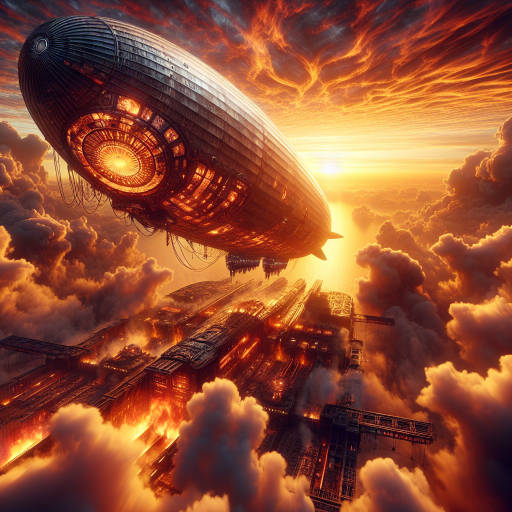 "Imagine a colossal airship soaring through a fiery sky, propelled by intricate technics and powered by the ancient magic of the cosmos. The ship's hull is adorned with intricate machinery, glowing with the energy of a thousand suns, as it navigates through the ever-changing clouds of the epic sky."