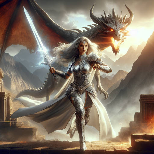 A powerful sorceress rides into battle on the back of a majestic dragon, her silver armor gleaming in the sun as she wields a sword made of pure light. In the background, a towering mountain looms, with ancient ruins scattered around its base. The sorceress' eyes burn with determination, ready to face whatever challenges come her way.