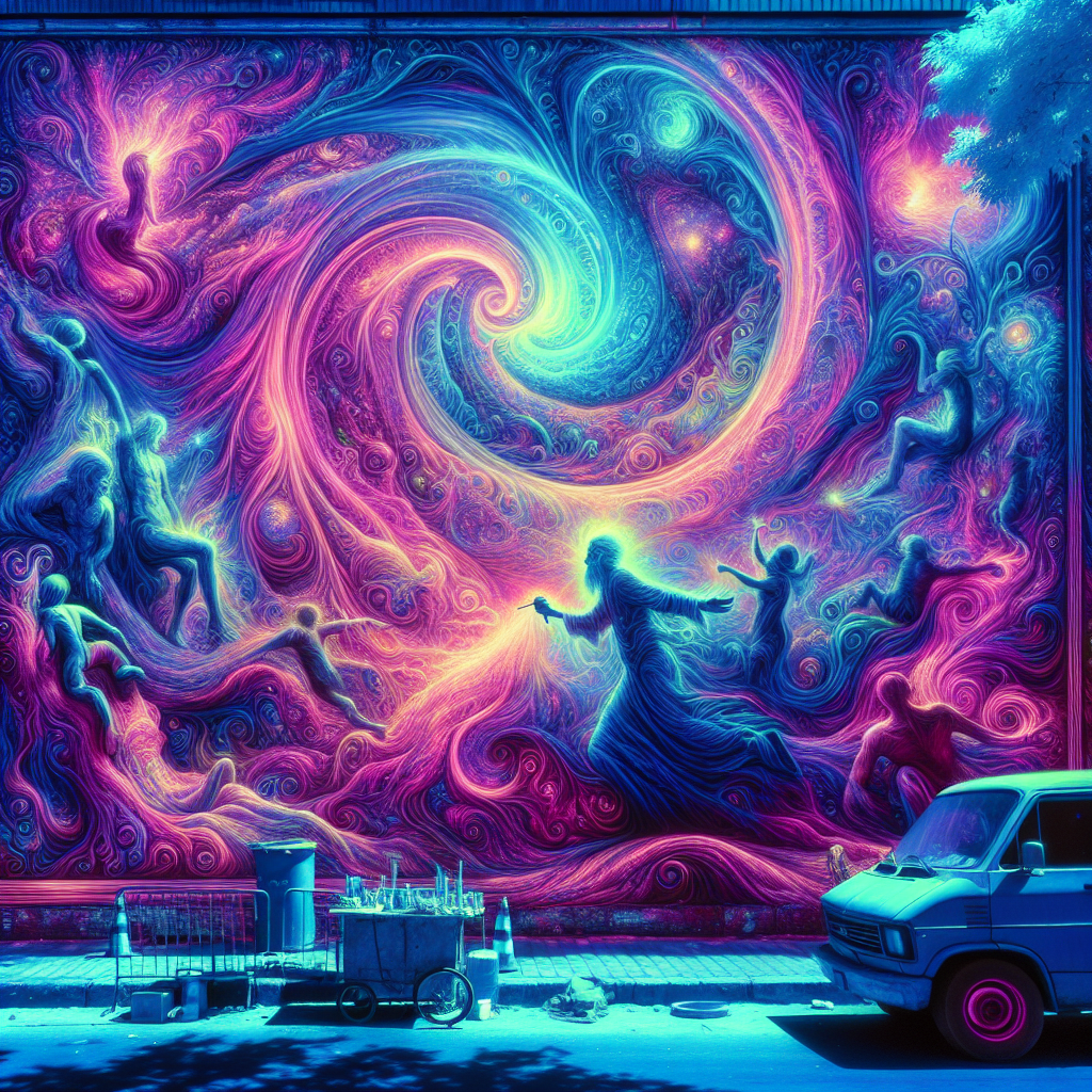 Create an image of a vibrant street mural that appears to be glowing with otherworldly colors due to the use of infrared photography, blurring the lines between reality and fantasy.