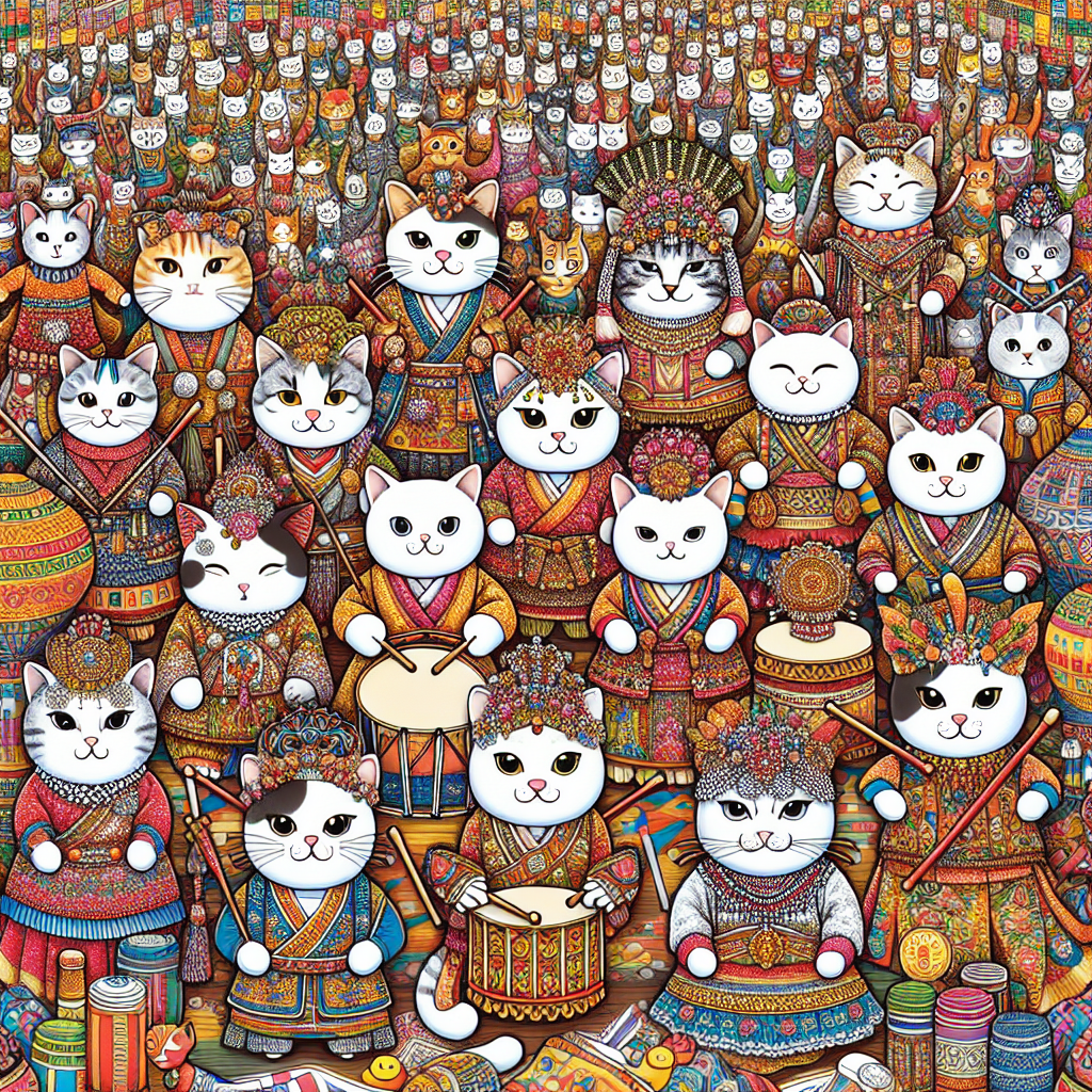 Create an image of a vibrant cultural festival where cats are the main performers, wearing traditional costumes and showcasing their unique talents amidst colorful decorations and music from around the world.