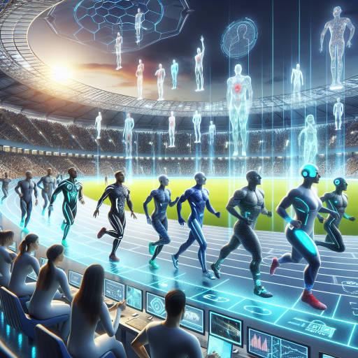 Imagine a futuristic world where athletes compete in a high-tech arena powered by advanced scientific technology. The athletes wear suits that enhance their abilities, while the arena itself is equipped with sensors and holographic displays that track their every move. As the crowd watches in awe, the athletes use cutting-edge equipment to push the limits of human potential, blurring the line between science and sport. Create an image that captures the thrilling intersection of technology, sports, and science in this captivating world.