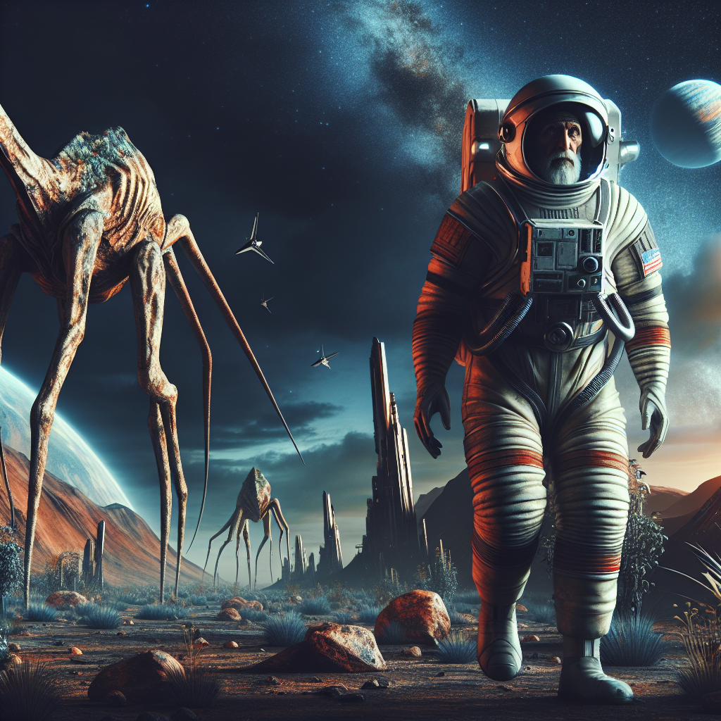 "Imagine a scene where an old astronaut is exploring a remote planet filled with exotic wildlife, with towering alien creatures and mysterious space ruins in the background. Use your imagination to create a unique and captivating image blending elements of old, wildlife, and space exploration."