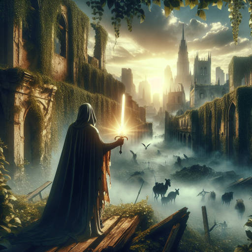 Imagine an old, abandoned city being reclaimed by nature, with vines growing up the sides of crumbling buildings and wild animals roaming the streets. In the center of the city stands a lone figure, a heroic figure in a tattered cape, holding a glowing sword aloft as they prepare to defend the city from unseen dangers. Capture this magical scene in a single striking image.