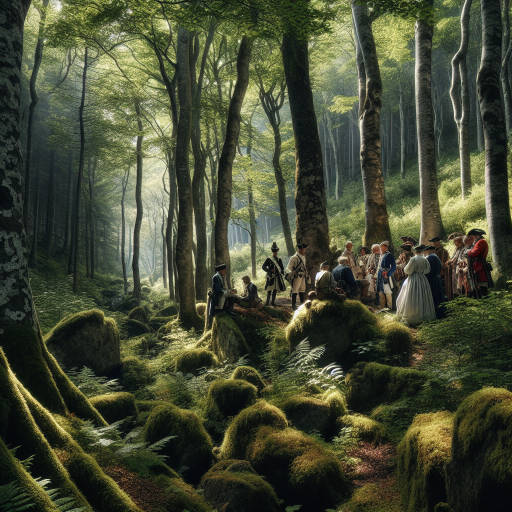 Imagine a scene where a group of individuals dressed in elaborate historical costumes from different eras are standing in an old, overgrown forest. They are reenacting a pivotal moment in history, surrounded by ancient trees and moss-covered rocks. The dappled sunlight filters through the canopy above, casting a magical glow on the scene. Capture the contrast between the rich history of the reenactment and the timeless beauty of nature in this enchanting image.