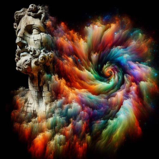 Create an image of an ancient, crumbling statue morphing into a swirling vortex of vibrant colors, symbolizing the passage of time and the ever-changing nature of existence.