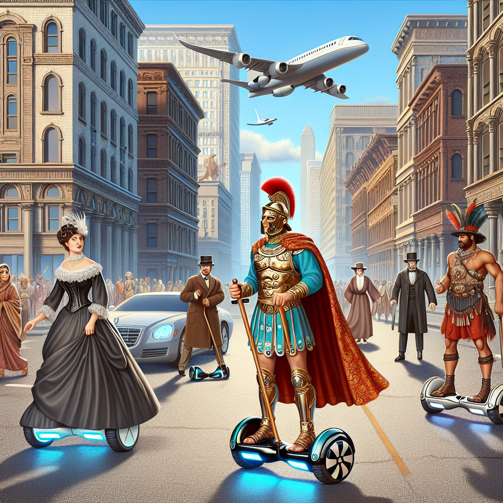 Imagine a historical reenactment of a bustling city scene from the past, where actors portraying various characters from different eras are riding on a futuristic mode of transport, such as hoverboards or flying cars. Let your imagination run wild as you create an image that blends elements of history, city life, and transportation in a unique and creative way.