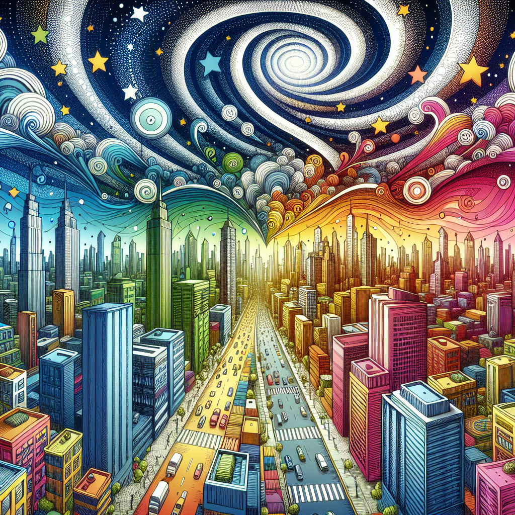 Imagine a vibrant cityscape filled with colorful skyscrapers reaching up towards a sky painted with swirling clouds and stars. Amongst the bustling streets below, street art murals come to life, blending seamlessly into the urban landscape. Capture the essence of this dynamic and imaginative city scene in your image.