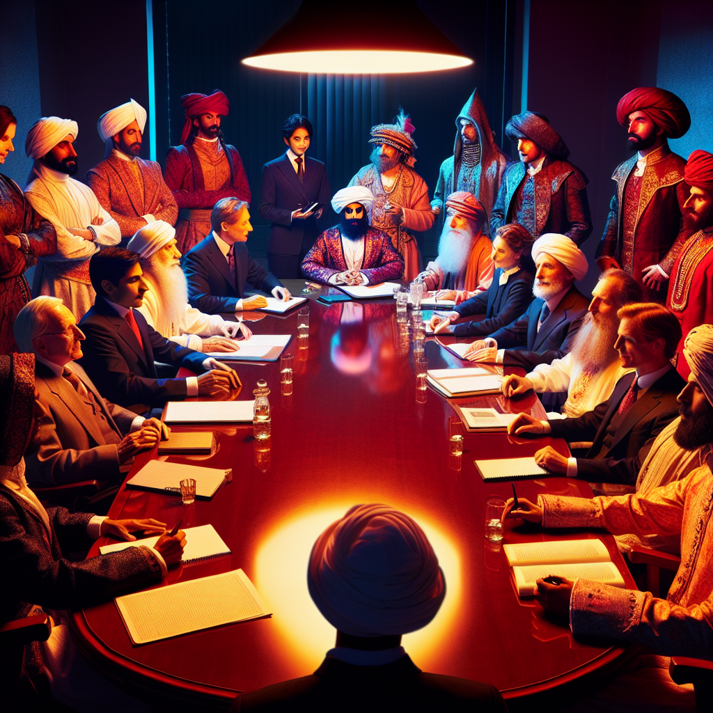 Imagine a group of business professionals dressed in historical reenactment costumes, conducting a board meeting in a room illuminated only by infrared light. Capture the unique blend of old and new as they discuss strategies for conquering the market in this surreal and visually striking image.