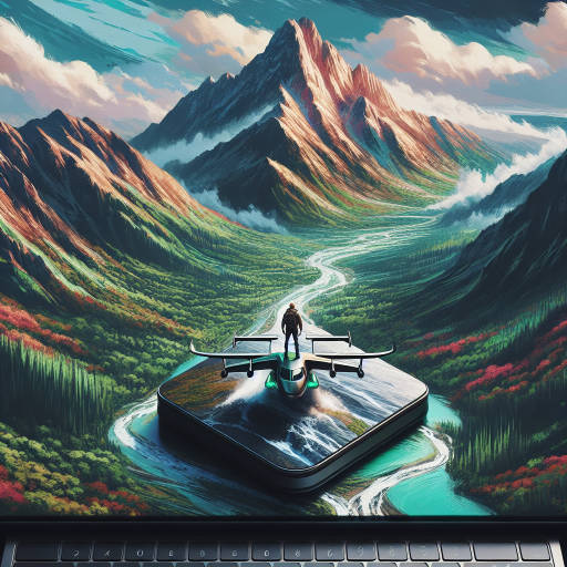 Imagine a courageous hero standing atop a majestic mountain peak, surrounded by lush green forests and flowing rivers, with a futuristic hovercraft parked nearby as their mode of transportation on their next epic quest.