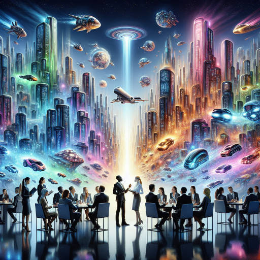 Imagine a majestic painting depicting a futuristic cityscape filled with towering skyscrapers and flying cars, all illuminated by a dazzling array of colors. In the foreground, a group of business executives in sleek, high-tech suits are engaged in intense negotiations, surrounded by holographic displays of data and charts. The scene is epic in scale and ambition, capturing the awe-inspiring energy of a world where business and technology merge seamlessly into a dazzling work of art.