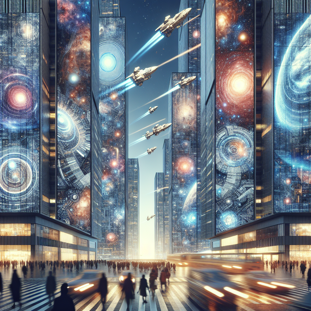 Imagine a futuristic cityscape where towering skyscrapers are adorned with intricate patterns of macro photography images capturing the beauty of celestial bodies and space exploration missions. The city is bustling with activity as spaceships come and go from interstellar adventures, merging the worlds of science and art in a visually stunning tapestry of innovation and discovery.