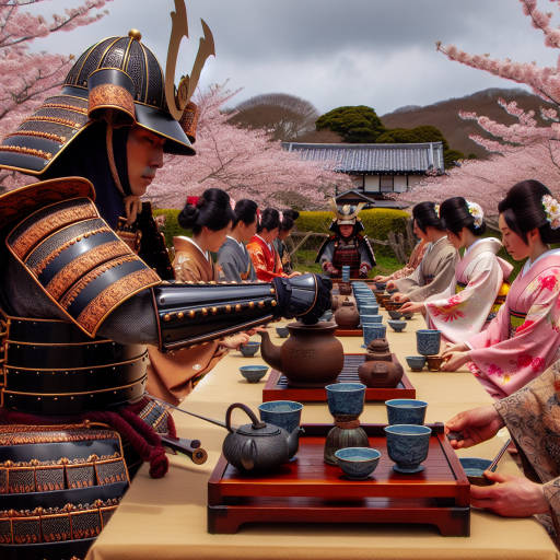 Imagine a historical reenactment of a traditional Japanese tea ceremony taking place at a cultural festival. Participants are dressed in intricate samurai armor and kimono, using ancient techniques to prepare and serve tea to a mesmerized audience. The setting is a beautiful garden adorned with cherry blossoms, creating a captivating blend of history, technics, and cultural celebration.