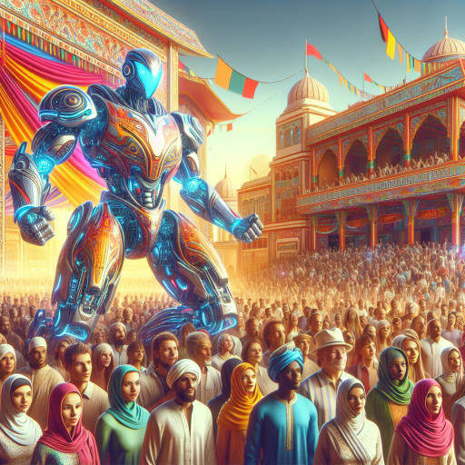 Imagine a cultural festival where a heroic robot is the main attraction, dazzling the crowd with its incredible strength and advanced technology. Create an image that showcases the fusion of traditional cultural elements with futuristic robotic features, capturing the awe and wonder of this unique event.