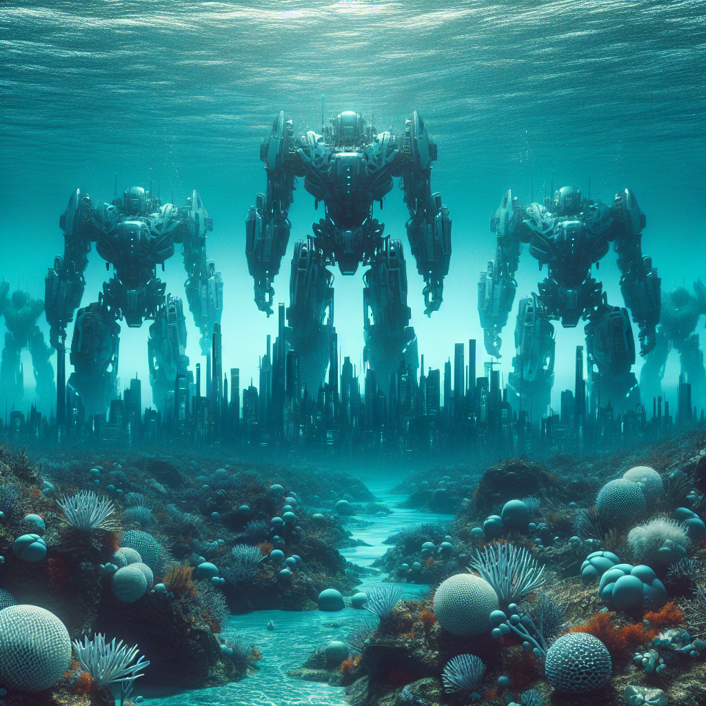 A futuristic cityscape beneath the waves, where towering robot guardians protect the underwater wonders of a hidden civilization.