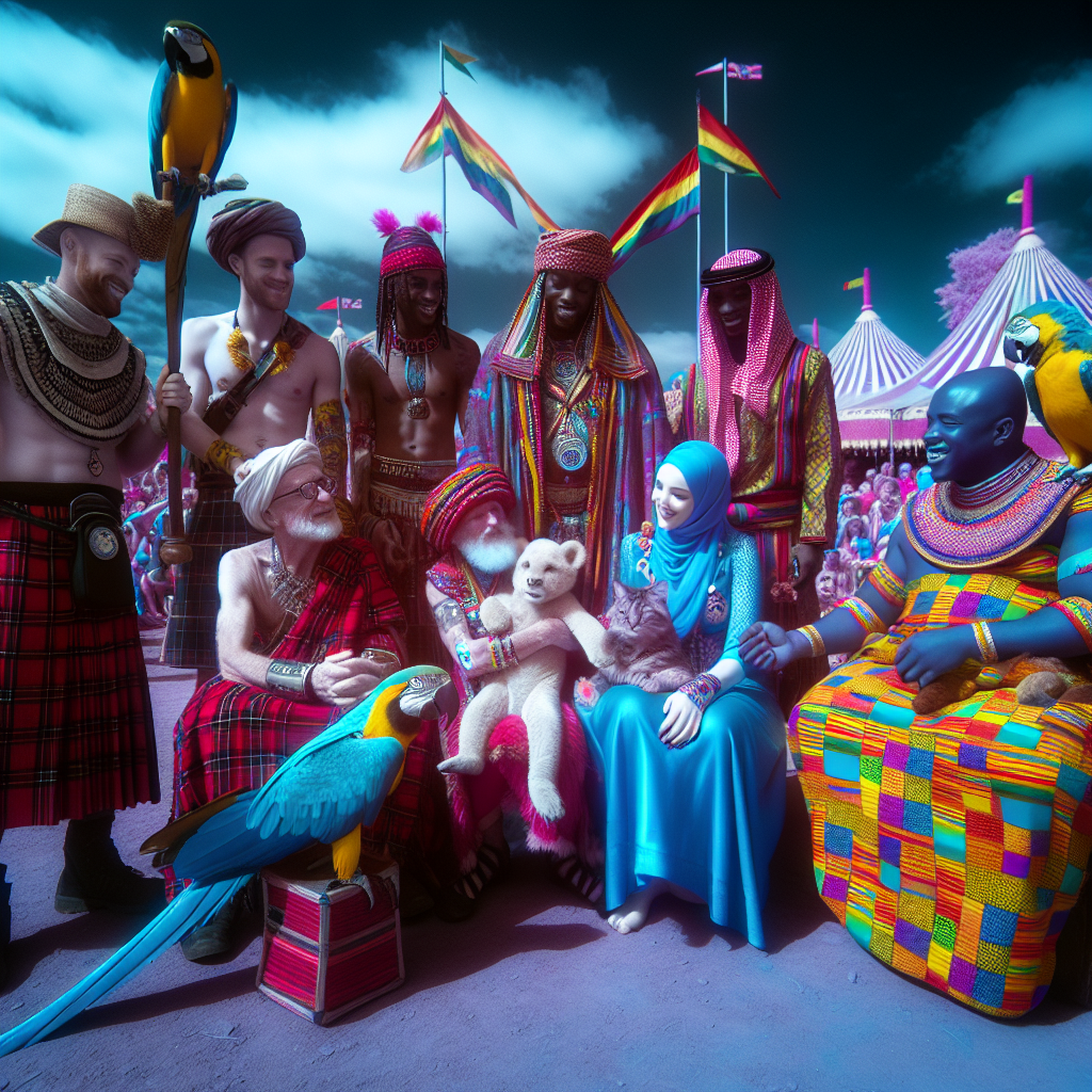 Imagine a cultural festival celebrating the sacred bond between animals and humans, captured through the mesmerizing lens of infrared photography. Create an image that showcases the vibrant colors of traditional costumes, the playful interactions between exotic animals, and the otherworldly beauty of the infrared spectrum. Let your imagination run wild as you bring this unique and enchanting scene to life.