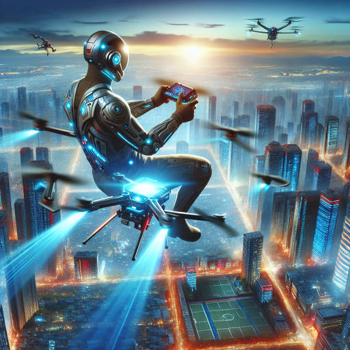 Imagine a heroic figure with advanced technology integrated into their suit, soaring through the sky on a state-of-the-art drone, capturing breathtaking drone photography of a futuristic cityscape below.