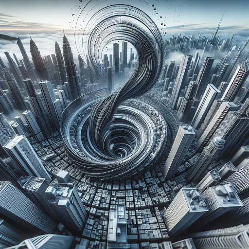 Create an image that combines technics, optical illusions, and drone photography to depict a futuristic cityscape where buildings appear to twist and bend in impossible ways, creating a mind-bending visual experience that challenges the viewer's perception of reality.