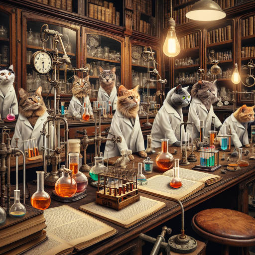 Imagine a vintage laboratory filled with curious cats in lab coats conducting experiments with test tubes and beakers, surrounded by antique scientific equipment and books.