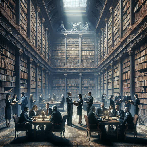 Imagine a grand ancient library filled with towering shelves of dusty tomes, where powerful business moguls gather to negotiate million-dollar deals amongst the crumbling pages of forgotten history.