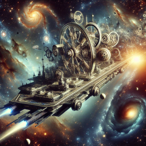 Imagine a retro-futuristic spacecraft made from ancient, intricate clockwork gears and mechanisms, soaring through the vastness of space on a mission of exploration and discovery.