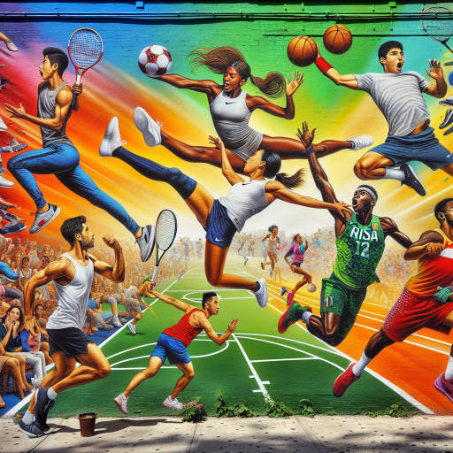 "Create an image of a vibrant street mural depicting athletes from various sports coming to life and playing together in an urban playground, blurring the lines between art and athleticism."