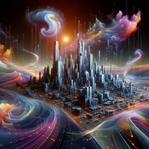 Create an abstract image of a futuristic cityscape floating in the sky, filled with swirling colors and patterns inspired by the wonders of science and technology.