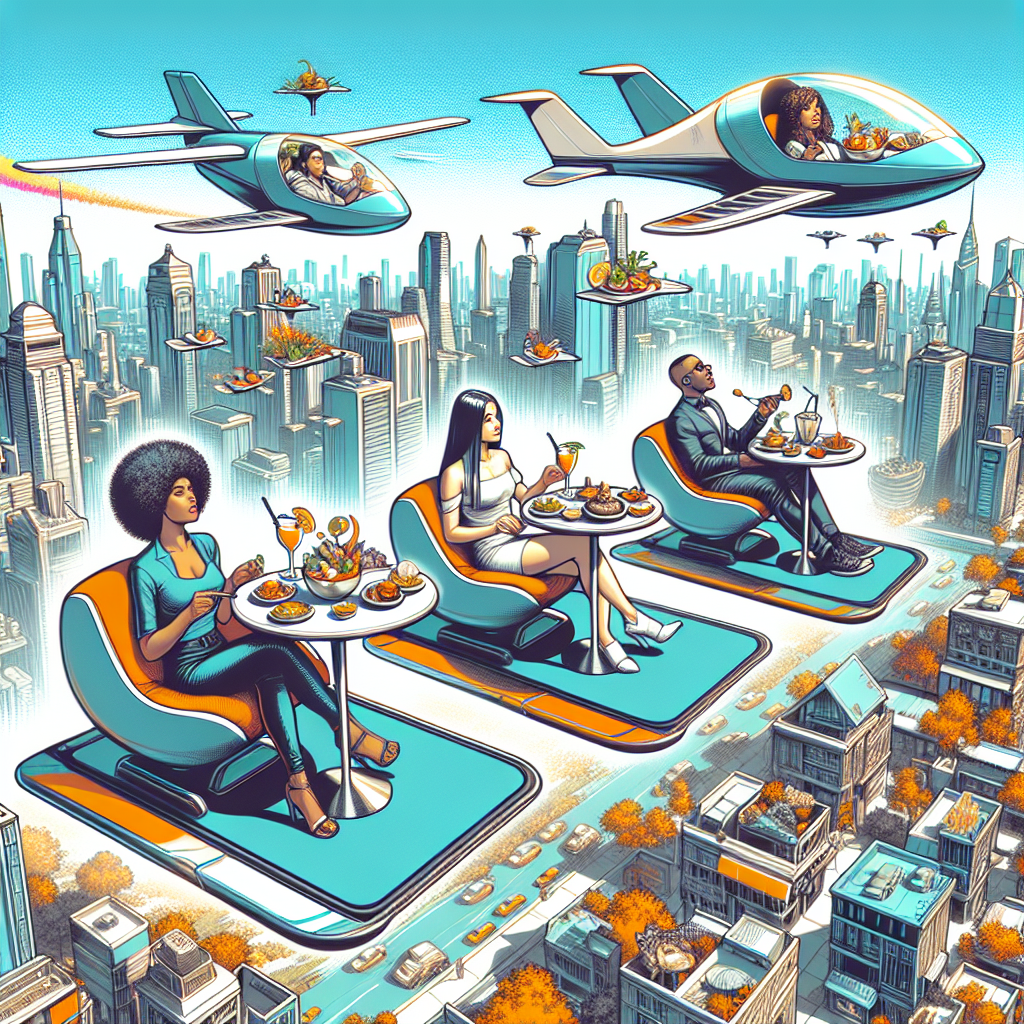 Imagine a futuristic world where drones deliver delicious and exotic meals to people sitting in self-driving hovercars high above the city skyline. Create an image that captures the excitement and wonder of this innovative transportation and dining experience.