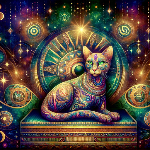 Create an image of a wise old cat, adorned in intricate and colorful patterns reminiscent of ancient Egyptian art. The cat is sitting majestically on a throne, surrounded by mystical symbols and shimmering stars, exuding an air of timeless elegance and wisdom.