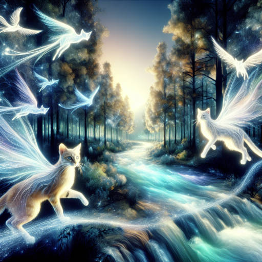 Imagine a surreal world where cats with wings soar through a mystical forest filled with glowing trees and sparkling rivers. Create an image that captures the beauty and magic of this enchanting nature scene, where reality and fantasy blend together in perfect harmony.