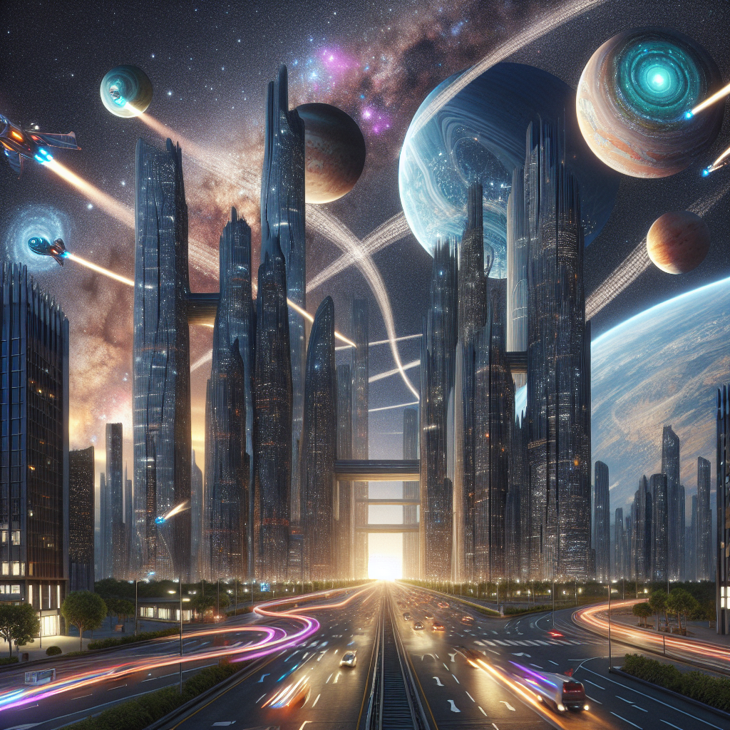 Create a surreal cityscape where skyscrapers are actually towering planets, their surfaces dotted with glowing constellations, and space shuttles navigate between them like flying cars.