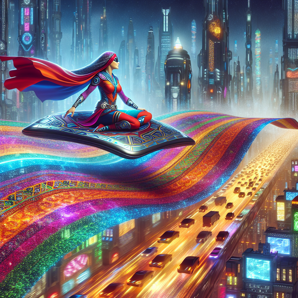 Imagine a superhero riding a flying carpet made of swirling colors and shapes, traversing through a futuristic cityscape filled with floating vehicles and neon lights.