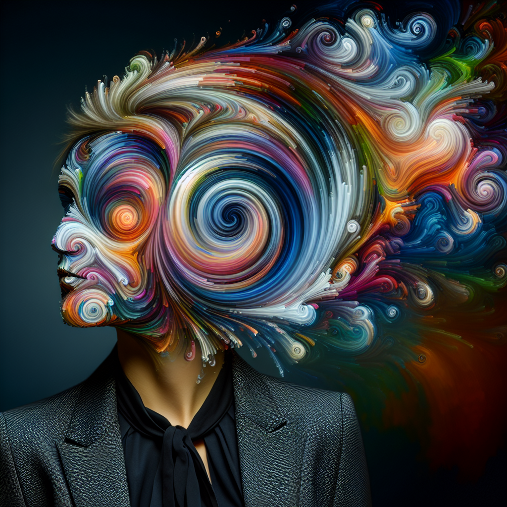 Create an image of a surreal portrait where the subject's face is replaced with a swirling vortex of colors and shapes, merging the boundaries between traditional portraiture and abstract art.