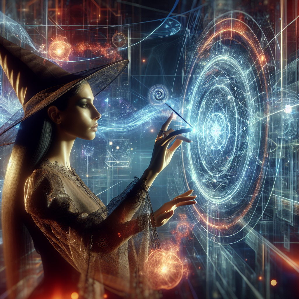 In a futuristic world where technology merges seamlessly with magic, envision a powerful wizard using a holographic interface to manipulate intricate patterns of data and energy, creating a mesmerizing abstract visualization that defies the laws of both science and sorcery.