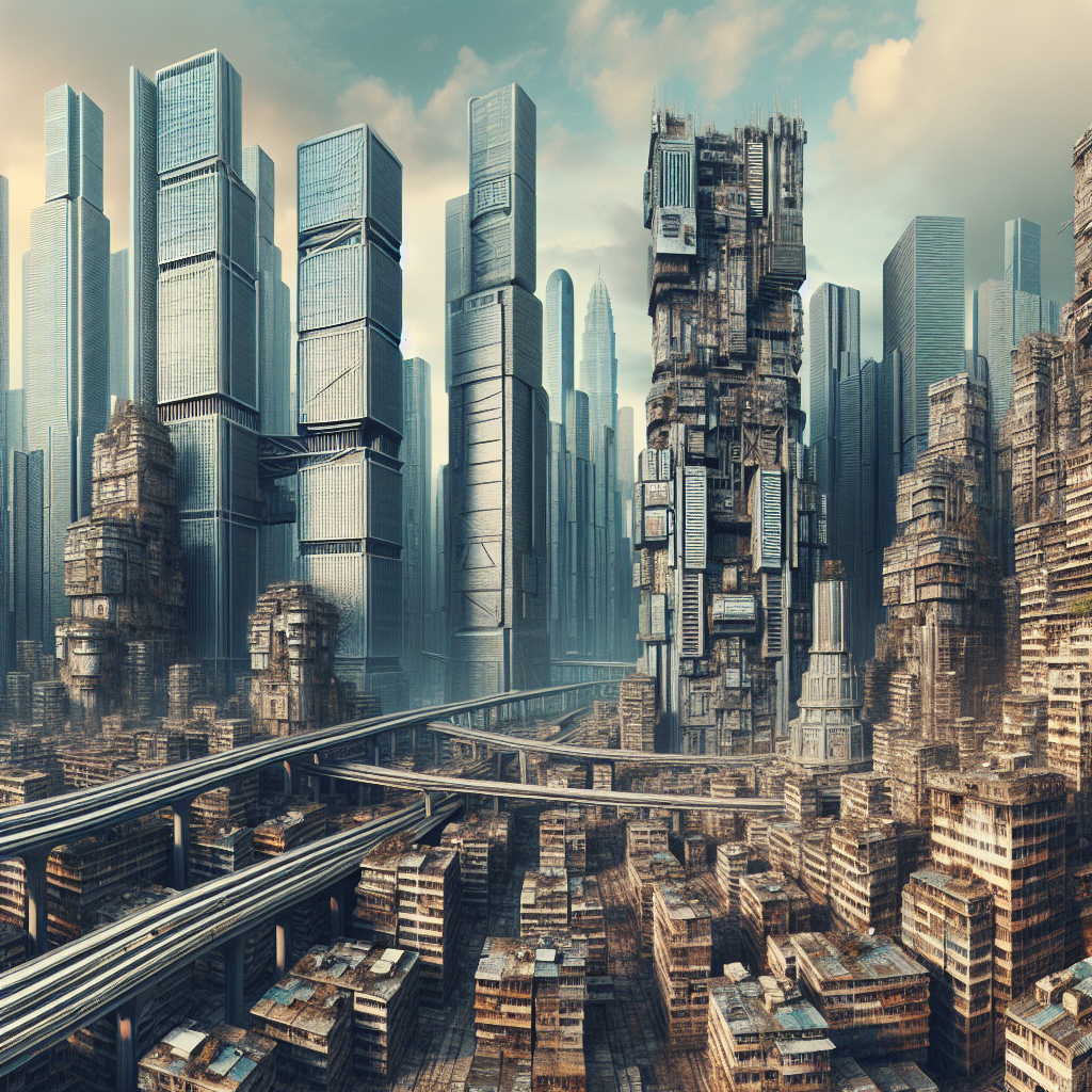 Imagine a futuristic cityscape filled with towering skyscrapers made of ancient, crumbling stone and rusted metal, where advanced technological structures seamlessly blend with ancient ruins.