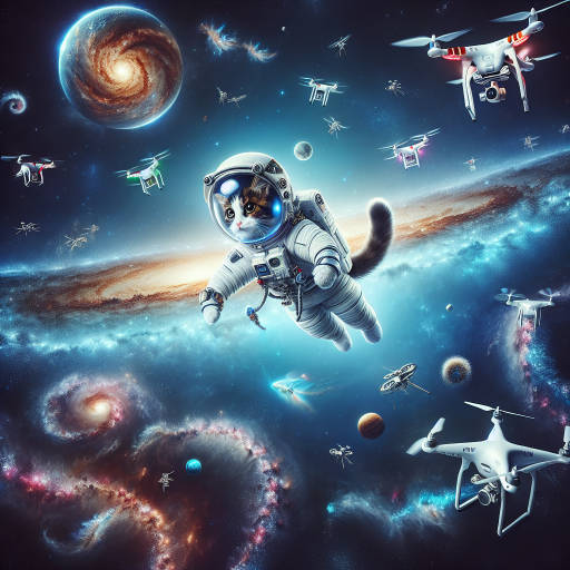 Imagine a cat astronaut floating through space, surrounded by a fleet of drones capturing breathtaking images of distant planets and galaxies. What adventures await this fearless feline explorer as they navigate the vast unknown of outer space? Capture this whimsical and mesmerizing scene in a stunning image that blends the worlds of cats, drones, and space exploration.