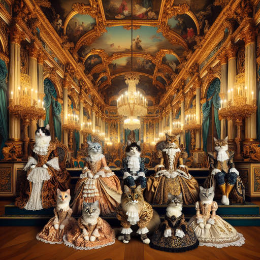 Create an image of a historical reenactment where cats are the stars of the show, dressed in elaborate costumes that match the interior design of a lavish Victorian ballroom. Imagine the cats playing the roles of royalty and nobility, with intricate details in their outfits and the setting, transporting viewers to a whimsical and enchanting world where feline grace meets historical grandeur.