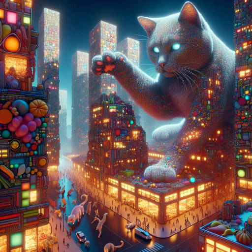 "Imagine a futuristic cityscape where giant floating cats roam the streets, with buildings made entirely of colorful, glowing food items. What does this fantastical world look like and how do the cats interact with the delicious surroundings?"