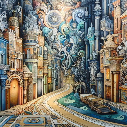 Create an image of a mythical cityscape where the interior design of each building reflects a different aspect of fantasy and mythology. Imagine walking down winding streets lined with towering structures inspired by ancient Greek architecture, each adorned with intricate artwork depicting mythical creatures and gods. The city comes alive with vibrant colors and magical elements, transporting the viewer to a world where imagination knows no bounds.