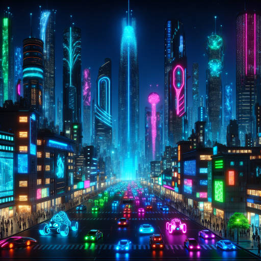 Animals: A futuristic cityscape filled with vibrant, neon-colored animals roaming the streets, blending in seamlessly with the bustling urban environment.