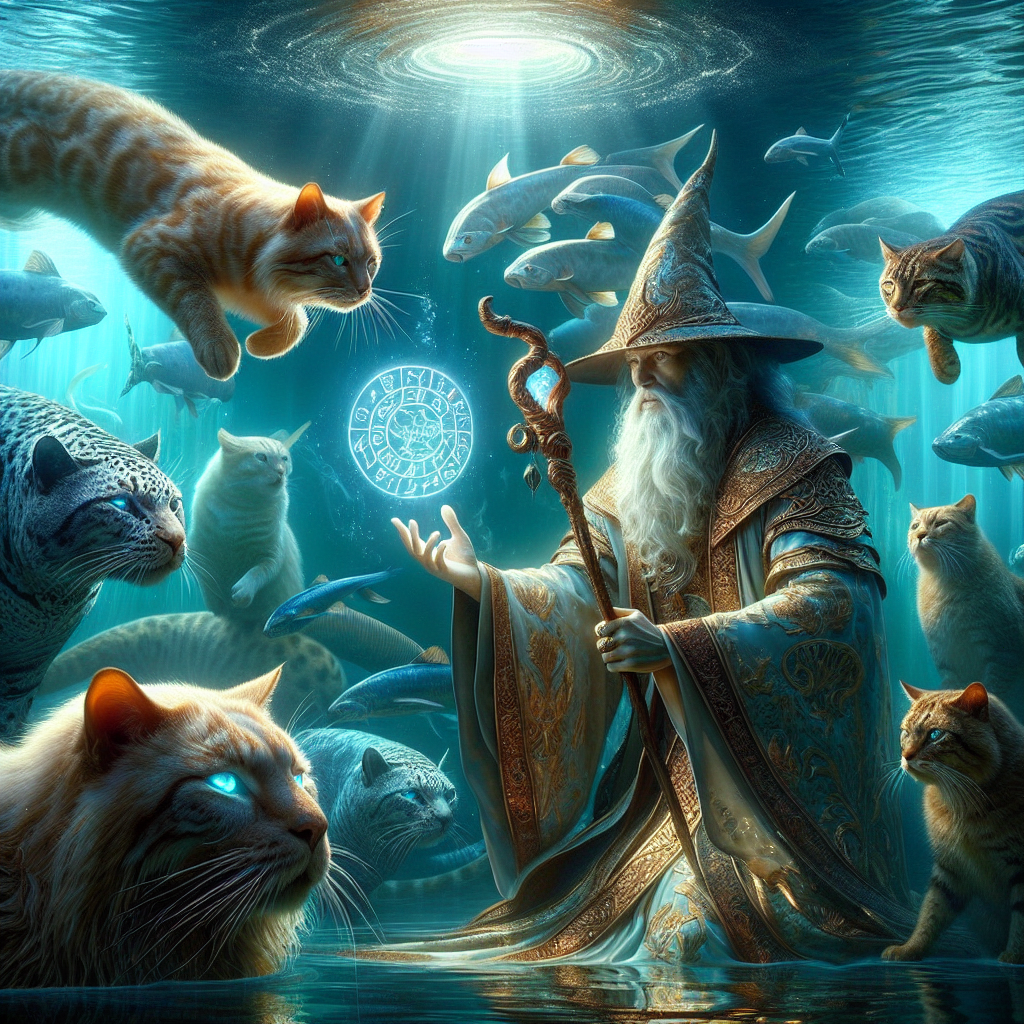 Create an enchanting image of a wise wizard casting spells underwater, surrounded by majestic cats with shimmering scales and glowing eyes, exploring a hidden world of underwater wonders and ancient magic.