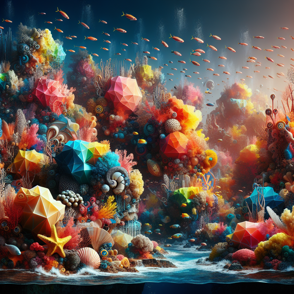 Create an image of a surreal underwater world where the interior design is inspired by abstract shapes and colors, showcasing a mesmerizing fusion of underwater wonders and artistic creativity.