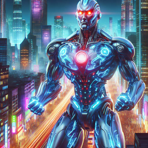 In a bustling cityscape, a towering heroic robot stands at the center, its glowing metallic exterior reflecting the neon lights of the surrounding buildings. Its piercing red eyes scan the streets below, ready to protect its citizens from any threats that may arise. The robot's powerful arms are adorned with intricate designs, showcasing the advanced technology that allows it to defend the city against any danger. This scene captures the perfect blend of futuristic innovation and heroic bravery in a vibrant urban setting.