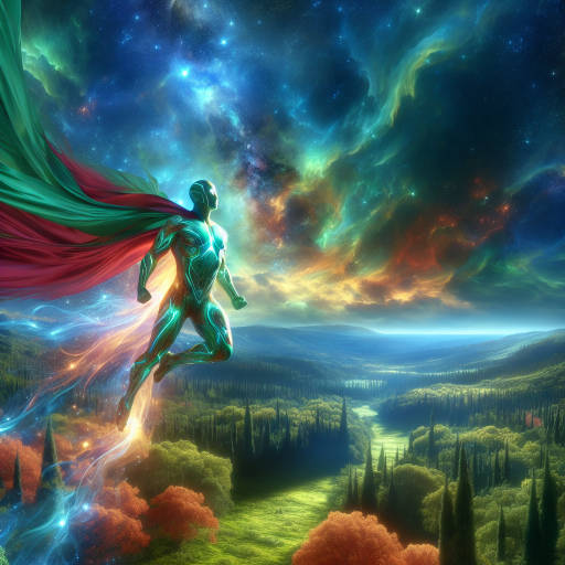 Create an image of a majestic superhero soaring through a vibrant, enchanted forest under a sky filled with swirling galaxies and shooting stars, radiating power and courage as they protect the natural world from unseen forces.