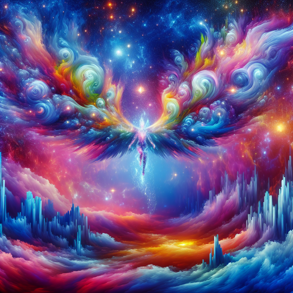 Imagine a celestial creature with wings made of swirling galaxies, soaring through a neon-colored sky filled with floating islands made of crystalline clouds. The creature is a guardian of ancient myths and legends, watching over the fantastical world below as it glows with otherworldly light. Capture this mesmerizing scene in a vibrant and surreal painting, blending elements of fantasy, mythology, and abstract art to create a truly magical and awe-inspiring image.