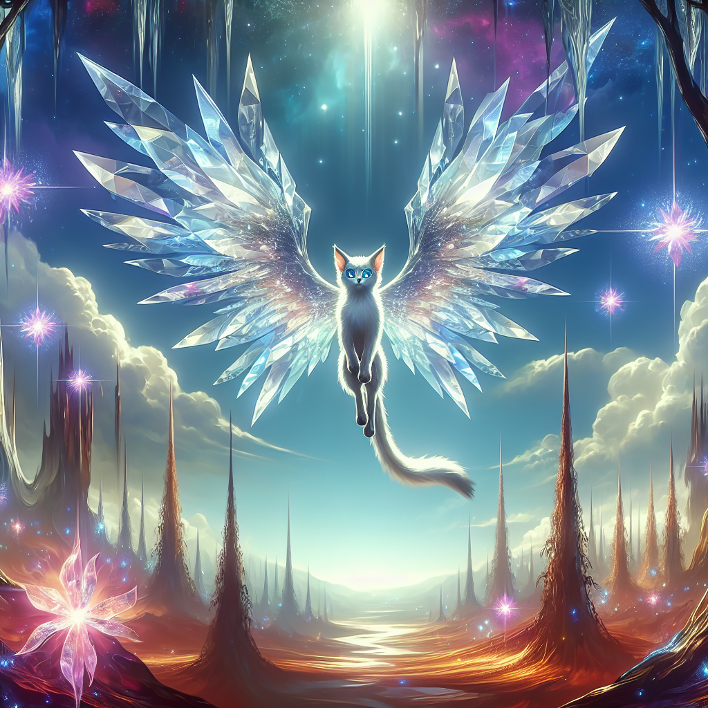 Imagine a majestic cat with wings made of shimmering crystals, soaring through a mystical realm filled with towering ancient trees and glowing orbs of light. This cat, known as the legendary "Crystal Guardian," is revered by all creatures in the land for its bravery and heroic deeds in protecting the realm from dark forces. Create an image capturing the awe-inspiring beauty and power of this mythical feline hero as it watches over the enchanted forest below.